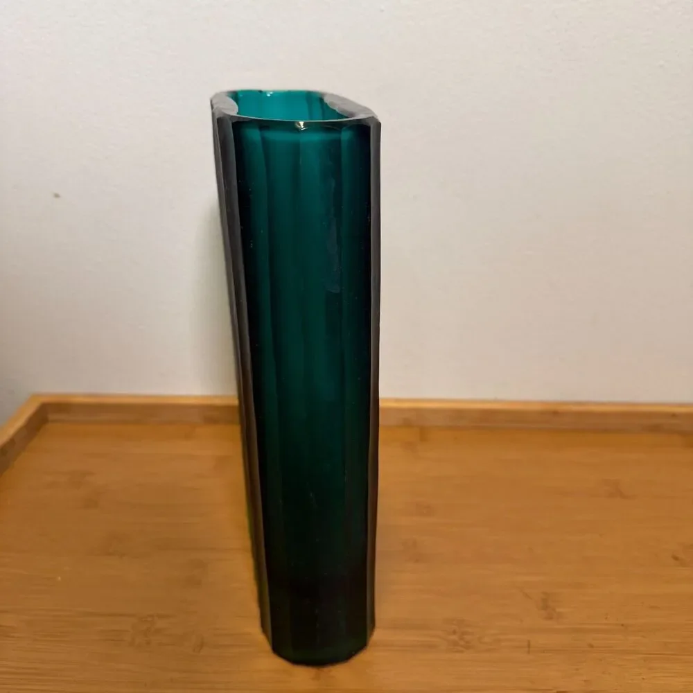 Vintage Emerald Green Art Glass Vase Faceted Ribbed MCM Scandinavian Style